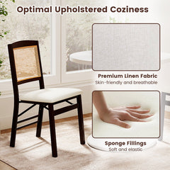 Set of 4 Folding Dining Chairs, Espresso Rubber Wood with Rattan Backs and Cream Linen Seats