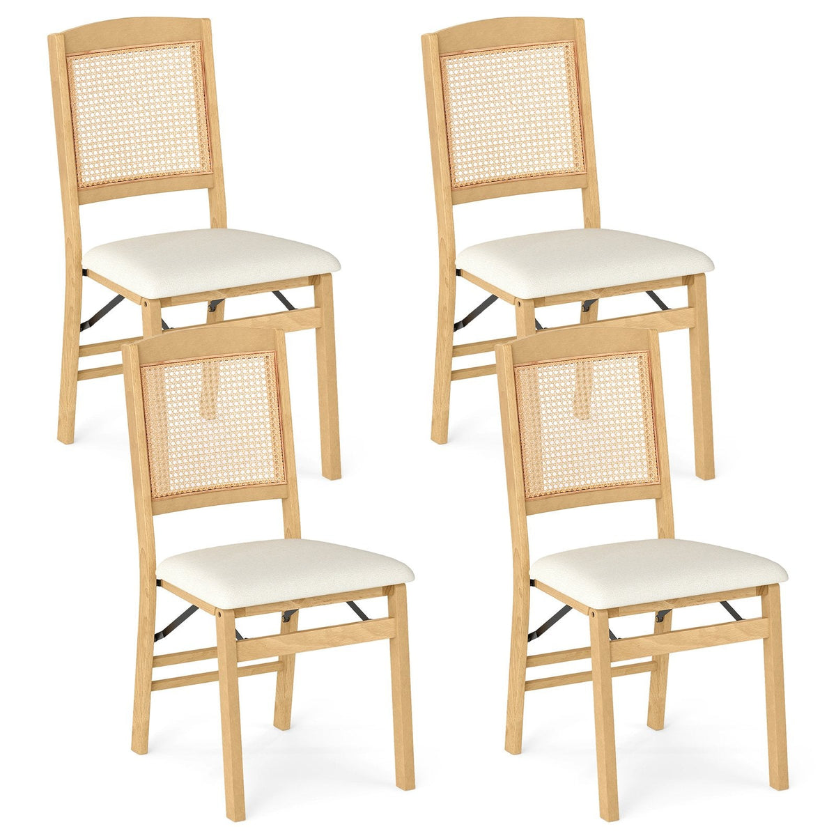 Set of 4 Folding Dining Chairs, Natural Rubber Wood with Rattan Backs and Cream Linen Seats
