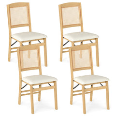 Set of 4 Folding Dining Chairs, Natural Rubber Wood with Rattan Backs and Cream Linen Seats