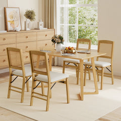 Set of 4 Folding Dining Chairs, Natural Rubber Wood with Rattan Backs and Cream Linen Seats