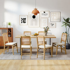 Set of 4 Folding Dining Chairs, Natural Rubber Wood with Rattan Backs and Cream Linen Seats