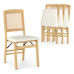 Set of 4 Folding Dining Chairs, Natural Rubber Wood with Rattan Backs and Cream Linen Seats