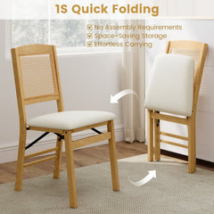 Set of 4 Folding Dining Chairs, Natural Rubber Wood with Rattan Backs and Cream Linen Seats