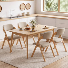 Set of 4 Folding Dining Armchairs, Natural Rubber Wood with Beige Linen Padded Seats and Backs