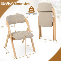 Set of 4 Folding Dining Armchairs, Natural Rubber Wood with Beige Linen Padded Seats and Backs
