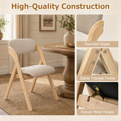 Set of 4 Folding Dining Armchairs, Natural Rubber Wood with Beige Linen Padded Seats and Backs