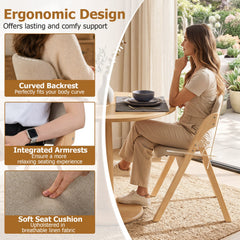 Set of 4 Folding Dining Armchairs, Natural Rubber Wood with Beige Linen Padded Seats and Backs