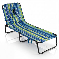 Folding Beach Lounger with Face Hole and Carry Straps, Blue and Green Stripe