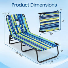 Folding Beach Lounger with Face Hole and Carry Straps, Blue and Green Stripe
