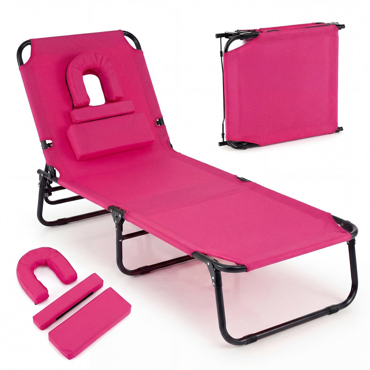 Folding Sun Lounger with Face Hole, Flap and 3 Pillows, Pink