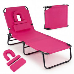 Folding Sun Lounger with Face Hole, Flap and 3 Pillows, Pink