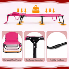 Folding Sun Lounger with Face Hole, Flap and 3 Pillows, Pink
