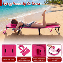 Folding Sun Lounger with Face Hole, Flap and 3 Pillows, Pink