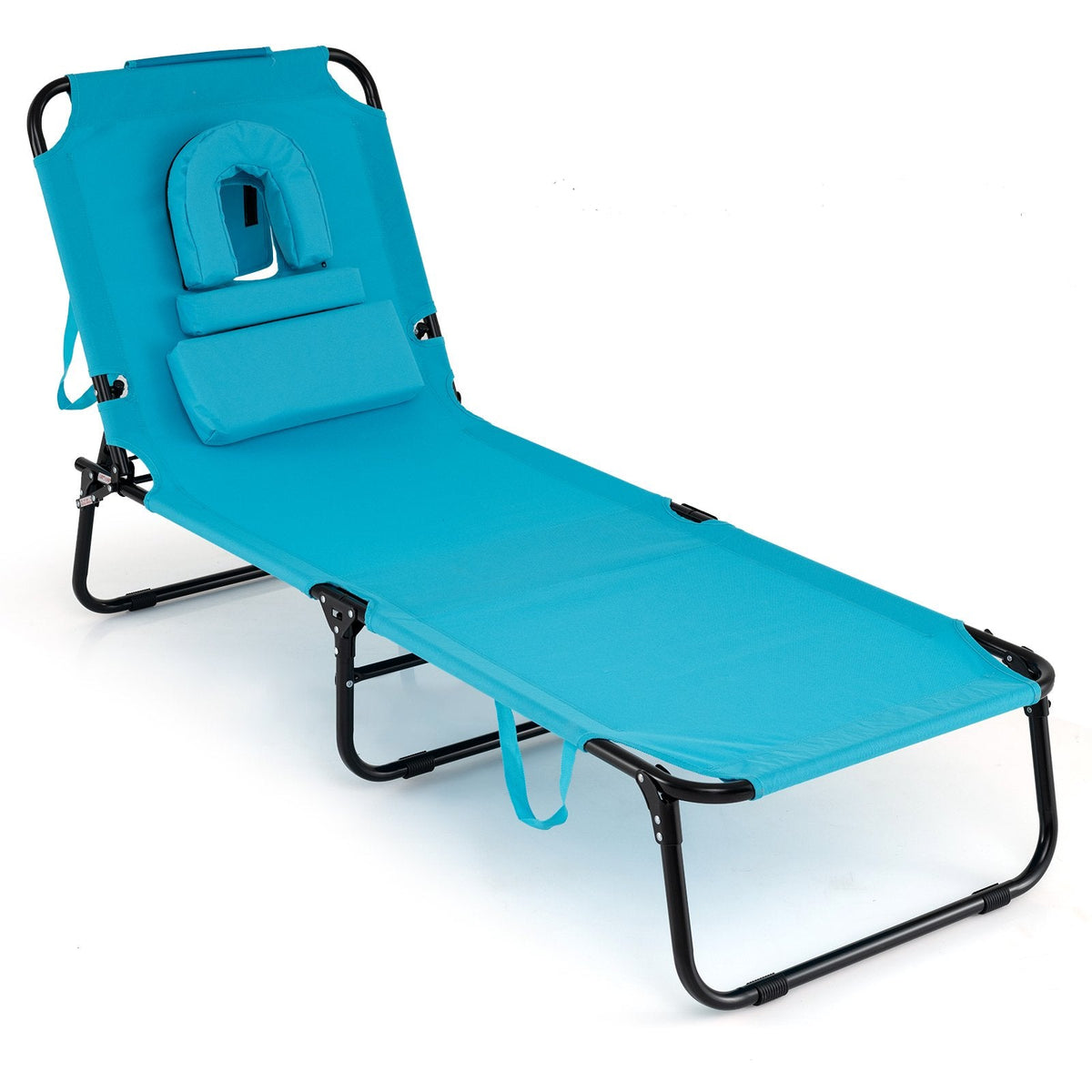 Folding Tanning Lounger with Face Hole and 3 Pillows, Turquoise