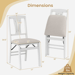 Set of 4 White Folding Dining Chairs with Slotted Splat Back and Beige Linen Padded Seats