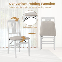 Set of 4 White Folding Dining Chairs with Slotted Splat Back and Beige Linen Padded Seats