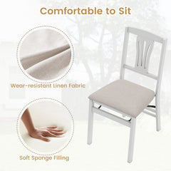 Set of 4 White Folding Dining Chairs with Slotted Splat Back and Beige Linen Padded Seats