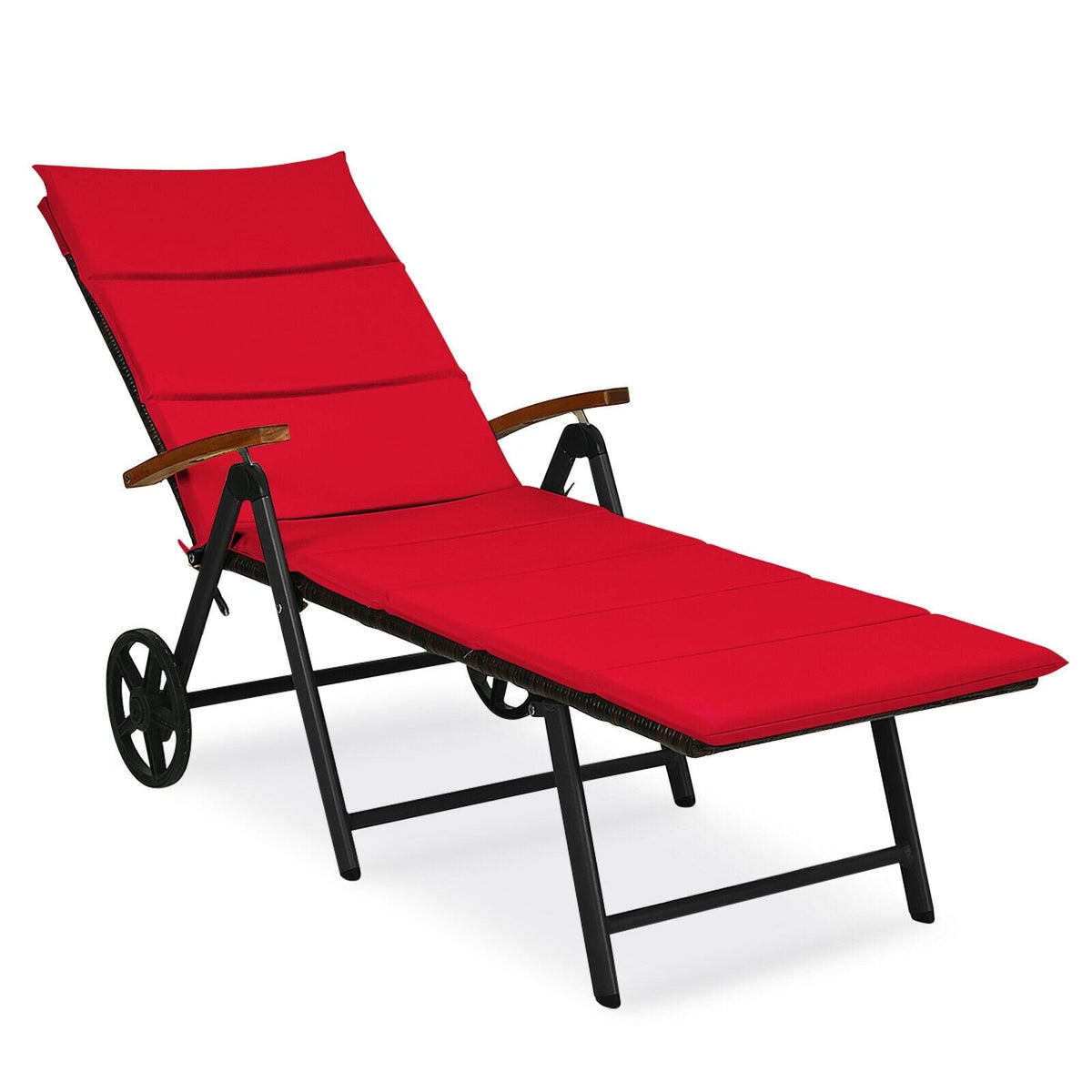 Folding Rattan Lounge Chair with Wheels and 7 Reclining Positions, Red