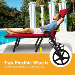 Folding Rattan Lounge Chair with Wheels and 7 Reclining Positions, Red