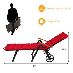Folding Rattan Lounge Chair with Wheels and 7 Reclining Positions, Red