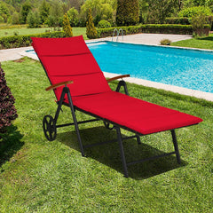 Folding Rattan Lounge Chair with Wheels and 7 Reclining Positions, Red