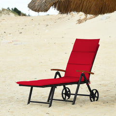 Folding Rattan Lounge Chair with Wheels and 7 Reclining Positions, Red