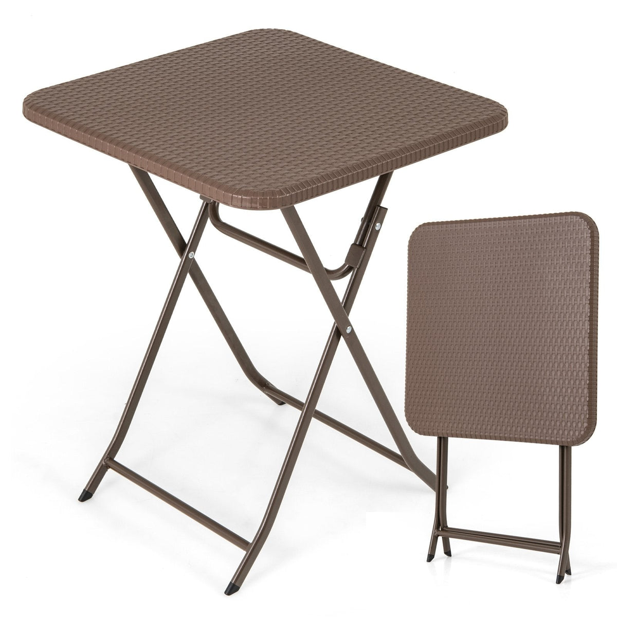 Folding Picnic Table with Rattan Grain HDPE Tabletop and Sturdy Metal Fame-Coffee