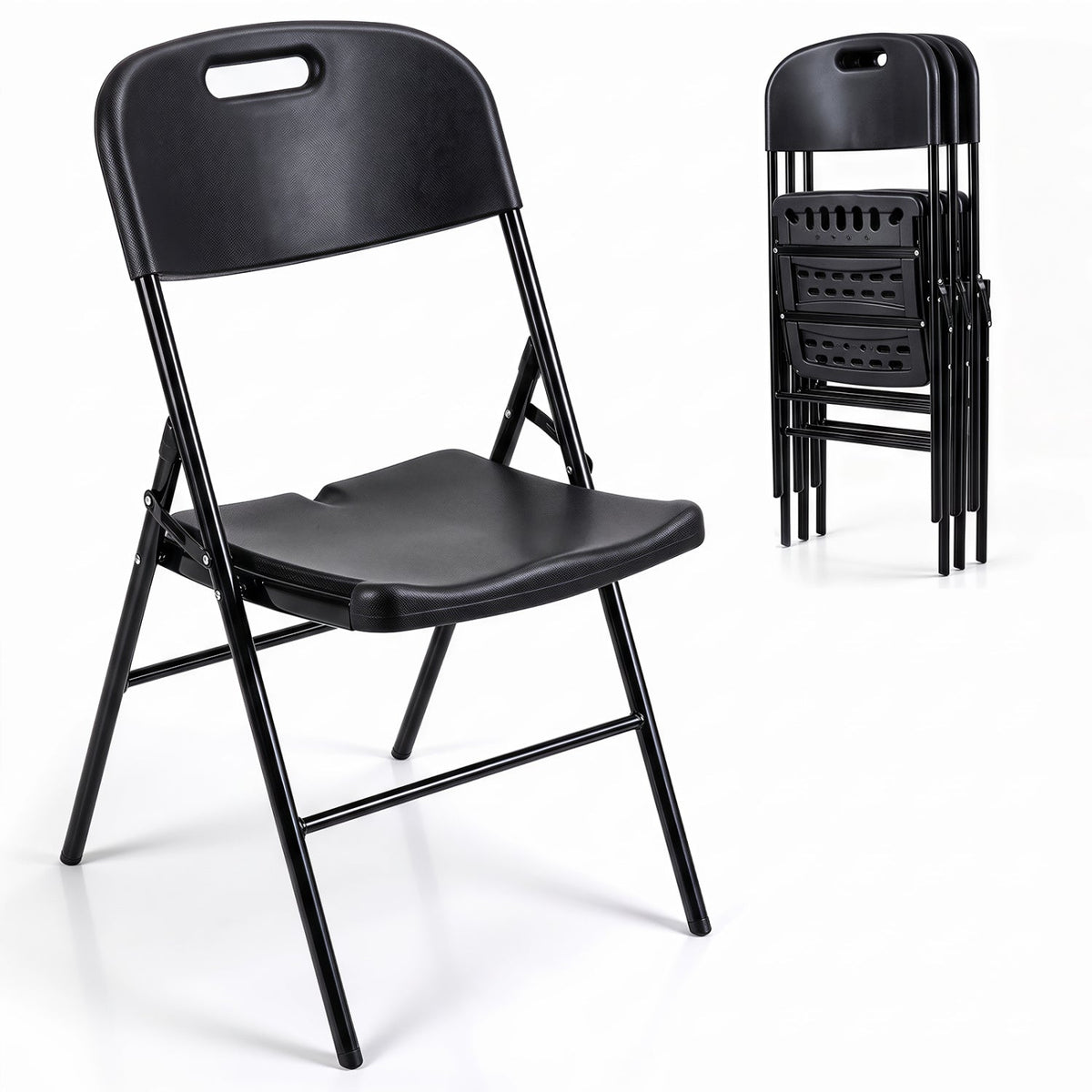 4 Pack Folding Chairs, Black HDPE Plastic Seat and Back with Steel Frame, Indoor and Outdoor, 330 lb