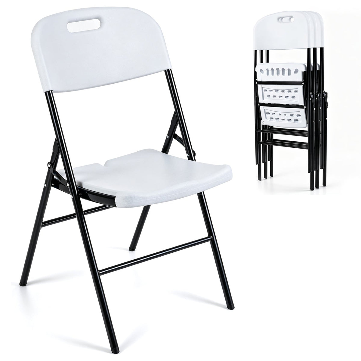 4 Pack Folding Chairs, White HDPE Plastic Seat and Back with Steel Frame, Indoor and Outdoor, 330 lb