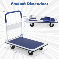 Folding Platform Hand Truck with 4 Wheels & Collapsible Bed for Moving Warehouse-Blue