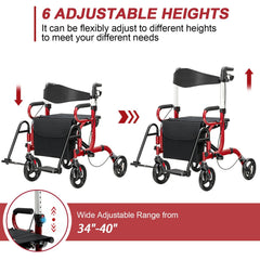 Folding Rollator Walker with 8-inch Wheels and Seat-Red