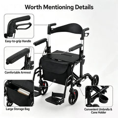 Folding Rollator Walker with Seat and Wheels Supports up to 300 lbs-Black