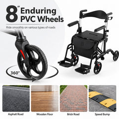 Folding Rollator Walker with Seat and Wheels Supports up to 300 lbs-Black