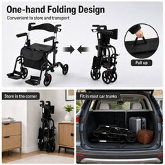 Folding Rollator Walker with Seat and Wheels Supports up to 300 lbs-Black