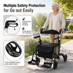Folding Rollator Walker with Seat and Wheels Supports up to 300 lbs-Black