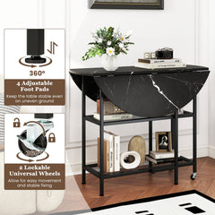 Folding Round Dining Table with Lockable Wheels-Black