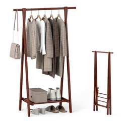 Folding Rubber Wood Clothes Hanging Rack Standing Garment Rack with Bottom Storage Shelf-Walnut