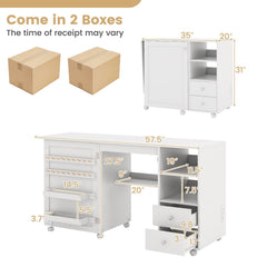 Folding Sewing Table with Charging Station and Storage Shelves-White