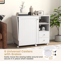 Folding Sewing Table with Charging Station and Storage Shelves-White