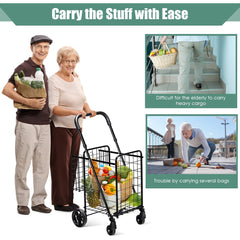 Folding Shopping Cart Basket Rolling Trolley with Adjustable Handle-Black