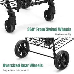 Folding Shopping Cart Basket Rolling Trolley with Adjustable Handle-Black