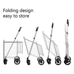 Folding Shopping Cart Basket Rolling Trolley with Adjustable Handle-Silver