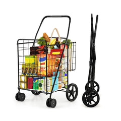 Folding Shopping Cart for Laundry with Swiveling Wheels and Dual Storage Baskets-Black