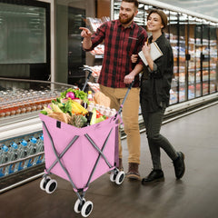 Folding Shopping Utility Cart with Water-Resistant Removable Canvas Bag-Pink