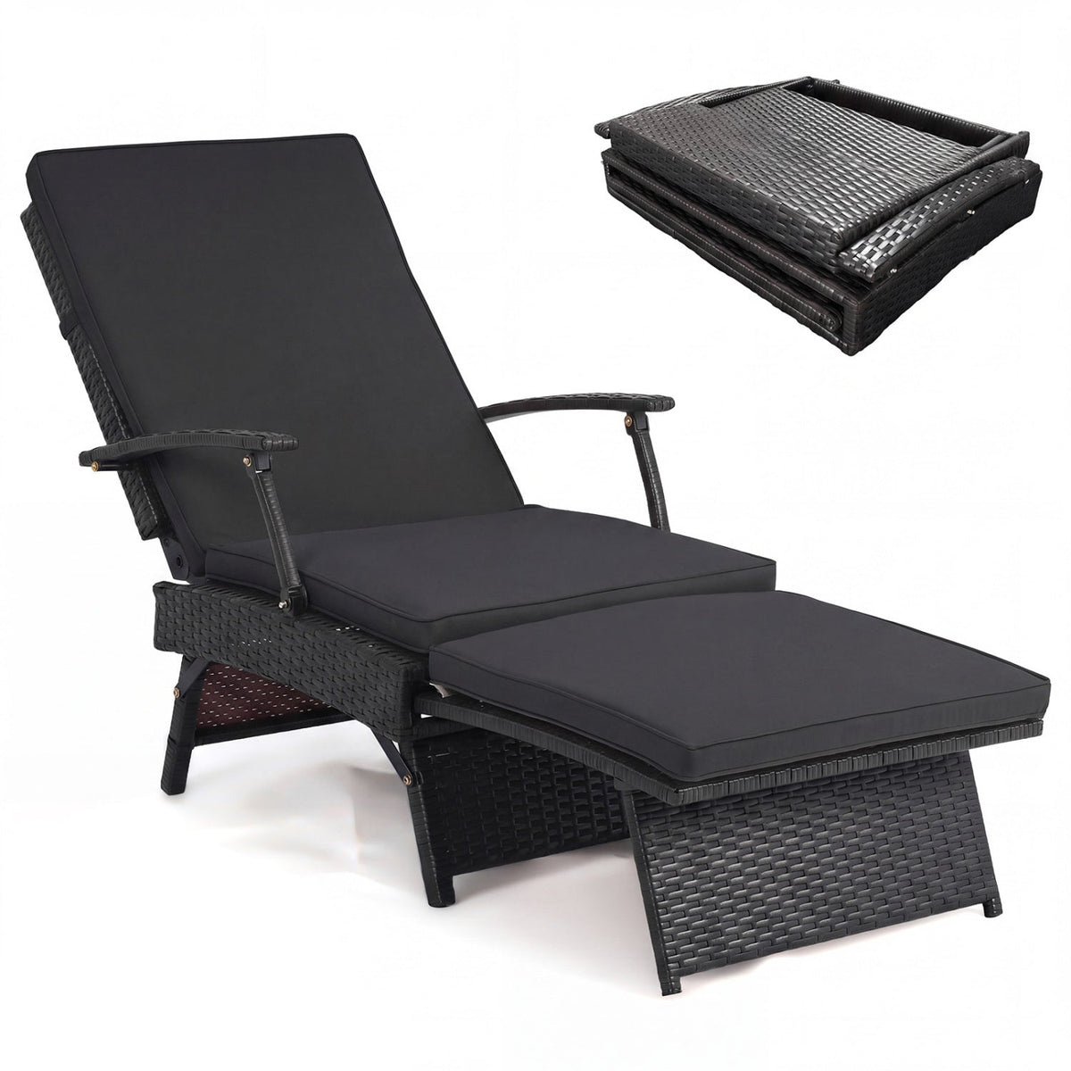 Folding Wicker Chaise Lounge with Slide Out Ottoman and 11 Level Backrest, Black