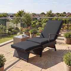 Folding Wicker Chaise Lounge with Slide Out Ottoman and 11 Level Backrest, Black