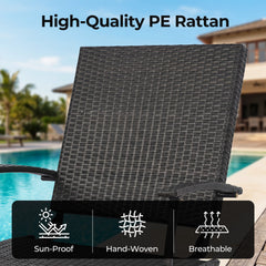 Folding Wicker Chaise Lounge with Slide Out Ottoman and 11 Level Backrest, Black