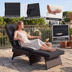 Folding Wicker Chaise Lounge with Slide Out Ottoman and 11 Level Backrest, Black