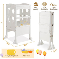 Folding Wooden Step Stool with Lockable Safety Rail for Toddler 3+-White