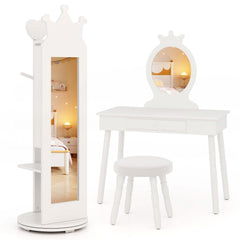 Free-Standing Full Length Mirror Kids Jewelry Armoire Cabinet-White